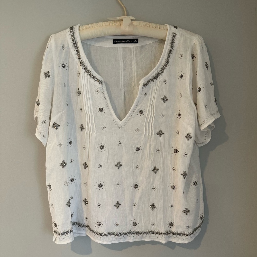 Abercrombie and Fitch Silver Beaded and Sequined White Blouse